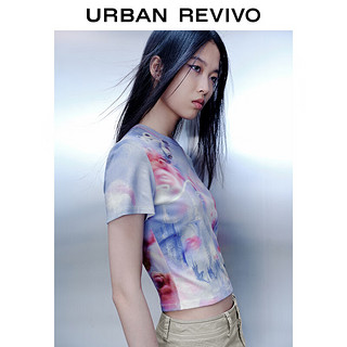 URBAN REVIVO UR2024春季女装潮流休闲酷飒印花短款圆领短袖T恤UWV440056 青紫印花 XL