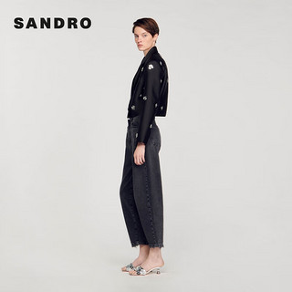 SANDRO2024早春女装时尚花饰黑色戗驳领短款外套SFPVE00954 黑色 38