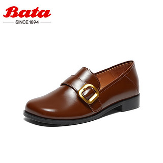 Bata 拔佳 乐福鞋女2024春季复古英伦羊皮通勤百搭一脚蹬A2691AA4 棕色 37