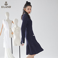 E·LAND 衣恋 Eland衣恋知性小香风藏青色花呢显瘦针织连衣裙女春夏