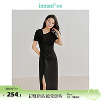 茵曼（INMAN）法式设计感挖领抽褶收腰薄荷曼波连衣裙2024夏季女装新款开叉裙子