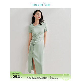 茵曼（INMAN）法式设计感挖领抽褶收腰薄荷曼波连衣裙2024夏季女装开叉裙子 灰绿色 XL