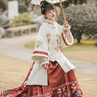 汉虞葵明制汉服女冬季原创国风过年对襟衫外套汉元素改良古装马面裙 霓裳白色三件套 L
