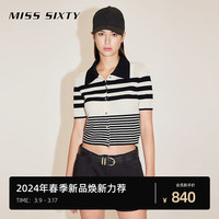 MISS SIXTY2024春季新款毛织外套女黑白撞色条纹polo领短袖复古风 白/黑