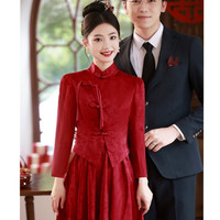 悦诗春沐中式敬酒服2023新娘回门服红色裙子订婚礼服女旗袍秀禾服嫁衣 酒红色chang袖 S