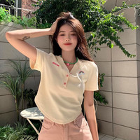 翊尚美短袖t恤女夏季纯棉短款正肩翻领polo衫女装甜辣风修身上衣 8428杏色V领 S【适合80-95斤】