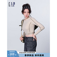 Gap女装2024春季提花下摆明线圆领长袖T恤876159 卡其色 165/84A(M)亚洲尺码