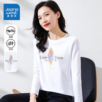 真维斯(JEANSWEST)长袖T恤女春季纯棉柔软亲肤时尚印花百搭打底上衣女白色L