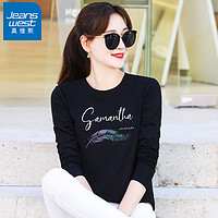 真维斯(JEANSWEST)t恤女纯棉白色女装2024春季t恤上衣女士印花打底衫黑色M