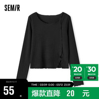 森马（Semir）长袖T恤女短款木耳边开叉宽松2023秋圆领肌理套头衫107623101076
