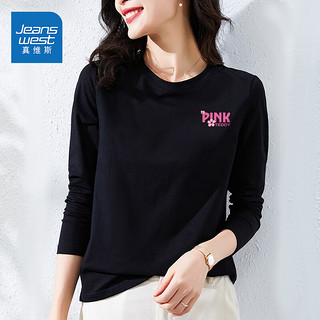 JEANSWEST 真维斯 长袖T恤女春季女黑色L L（106-120斤） PINK-黑色长T