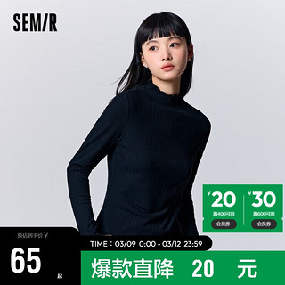 森马（Semir）长袖T恤女木耳边半高领紧身肌理抓绒针织衫109723101001 黑色90001 XL