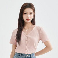 三福 短T恤2024夏季个性V领排扣短款时尚短袖女481321