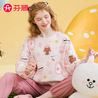 芬腾睡衣女纯棉2024年春秋布朗熊IP圆领长袖套头全棉可外穿家居服套装 粉底花 XXL
