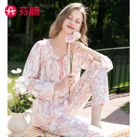 芬腾睡衣女纯棉2024年春季花卉花边方领休闲全棉可外穿长袖家居服套装 粉花 XL