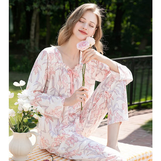 芬腾睡衣女纯棉2024年春季花卉花边方领休闲全棉可外穿长袖家居服套装 粉花 XL