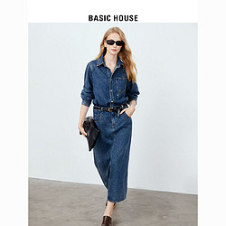 BASICHOUSE 百家好 Basic House/百家好复古牛仔连衣裙女2023新款通勤收腰长袖衬衫裙