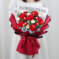 圣哲园 网红玫瑰花束毛线花真花针织向日葵成品手工编织永生花结婚礼物 六朵玫瑰花束+礼袋成品发货