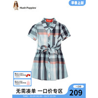 暇步士 童装女童连衣裙夏季大童儿童连衣裙时尚格子休闲 玻璃蓝 120cm