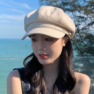 红蜻蜓 RED DRAGONFLY贝雷帽子女秋冬季ins百搭八角画家帽英伦复古显脸小蓓蕾帽 米白