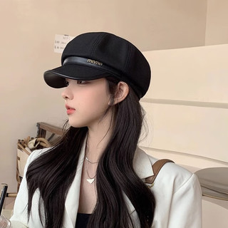 安之尚大头围秋冬鸭舌帽子女黑色休闲复古画家贝雷帽显脸小云朵八角帽潮 SKU_