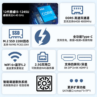 天虹TexHoo ZN11 12/13代酷睿i5迷你主机 NUC家用办公游戏设计小电脑 口袋mini台式整机 i5-1245U 准系统（无内存硬盘带WiFi6）