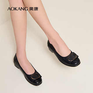 奥康（Aokang）女鞋 牛皮皮鞋坡跟软底中老年舒适平底单鞋39 黑色