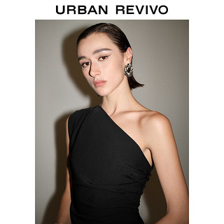URBAN REVIVO 女士摩登气质不对称斜肩领罩衫衬衫 UWG240060 正黑 L