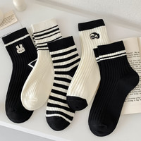俞兆林5双条纹袜子女士中筒袜纯色无骨棉袜黑白春夏季运动长筒袜