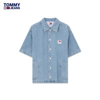 TOMMY JEANS24新款春男女纯棉美式复古刺绣宽松落肩牛仔短袖衬衫18879 牛仔蓝1A4 S