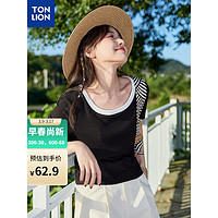 唐狮 TONLION女撞色大u领净色短袖T恤TB 黑色 M