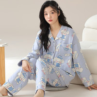 婧麒(JOYNCLEON)月子服春秋怀孕期大码翻领睡衣套装女时尚休闲家居服 蓝色可爱兔 XL码