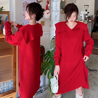 婧麒（JOYNCLEON）装冬款新年气质针织连衣裙宽松显瘦法式毛衣裙中长款红色裙子 红色 M