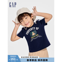 Gap 盖璞 男童2024春季纯棉小熊logo拼织带短袖T恤儿童装上衣891986 海军蓝 120cm(XS) 亚洲尺码