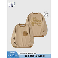 Gap男童2024春季柔软高弹撞色logo口袋卫衣儿童装上衣890302 卡其色 140cm(M) 亚洲尺码