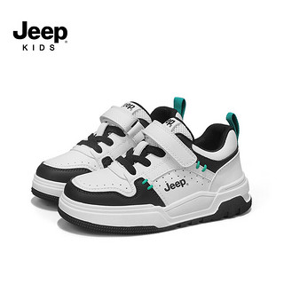 Jeep吉普儿童鞋子2024春季男童软底轻便运动鞋女童板鞋皮面休闲鞋 白黑 28码 鞋内长约18.1cm
