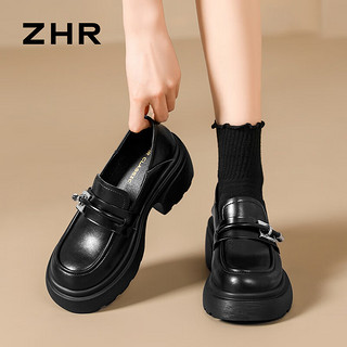 ZHR乐福鞋女2024春季英伦风复古皮鞋增高厚底鞋子单鞋女 黑色 37