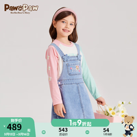 PawinPaw卡通小熊童装2024年春夏季女童印花牛仔背带连衣裙 L/Indigo浅牛仔蓝色/56 110