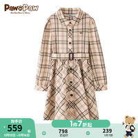 PawinPaw卡通小熊童装2024年春季女童格纹印花淑女风连衣裙 Beige米色/35 120