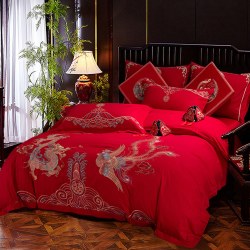 dohia多喜爱结婚六件套新婚四件套红色婚庆床上用品四件套大红刺绣