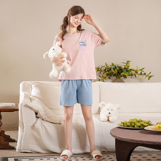 芬腾睡衣女【条纹纯棉】2024年夏季薄圆领休闲短袖外穿家居服套装