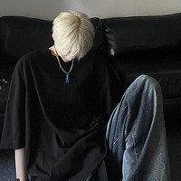 桔宿（JUSU）纯色七分袖男夏季潮牌宽松260g重磅t恤设计感小领口廓形男装短袖 黑色 3XL 160-180斤可穿