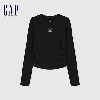 Gap女装2024春季logo抽褶显瘦短款圆领长袖T恤女友T889914 黑色 175/92A(XL)亚洲尺码