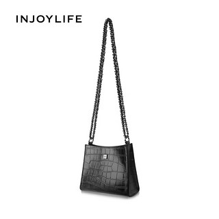 INJOYLIFE鳄鱼纹斜挎包牛皮方块链条包复古单肩流浪包女 黑色