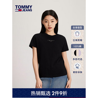 TOMMY JEANS【美式休闲】24春夏女装纯棉净色刺绣合身短袖T恤17828 黑色BDS M