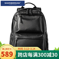 sharkborough 双肩包男头层牛皮14英寸电脑包休闲旅行背包多功能韩版书包潮 黑色