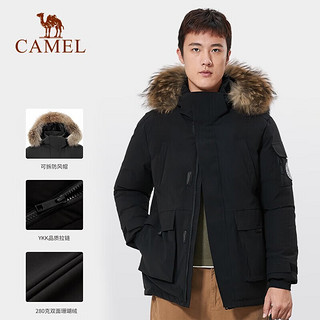 骆驼（CAMEL）户外派克羽绒服冬保暖加厚工装风毛领款羽绒衣加厚外套 AA12264035B，幻影黑，男女同款 S