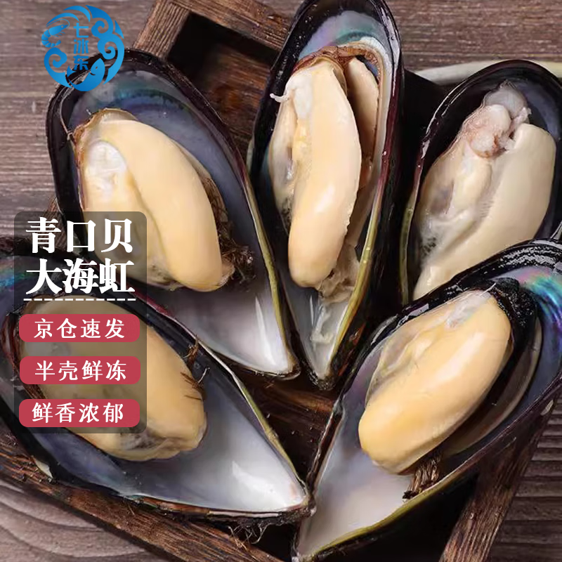 七冰东 青口贝 新鲜捕捞冷冻半壳海虹贻贝黑口贝蓝口贝火锅烧烤海鲜水产 500g/袋