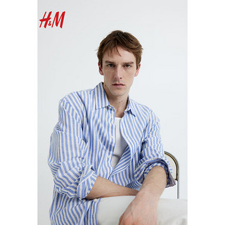H&M2024春季男装长袖上衣时尚休闲版型亚麻混纺衬衫1160688 浅蓝色/白色条纹 170/92A S