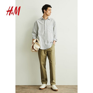 H&M2024春季男装长袖上衣时尚休闲版型亚麻混纺衬衫1160688 浅蓝色/白色条纹 175/100A M
